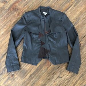 Mythology ruffle lapel cropped black leather jacket